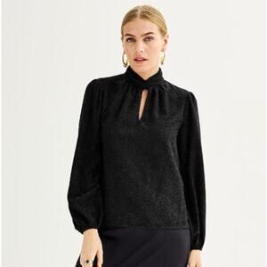 Nine West Blouse‎ Small Black Metallic Long Sleeve Keyhole Mock Neck Top Office
